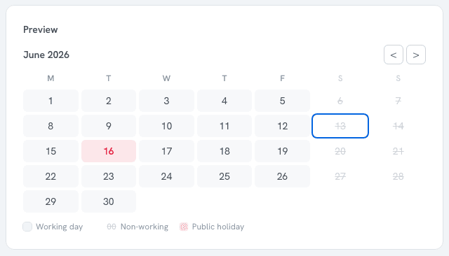 The calendar month preview showing working days, weekends and a public holiday.