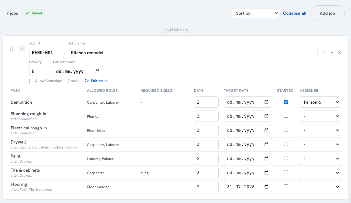 The Jobs tab: jobs with priority and Saturday work, and a task table with per-task target dates.